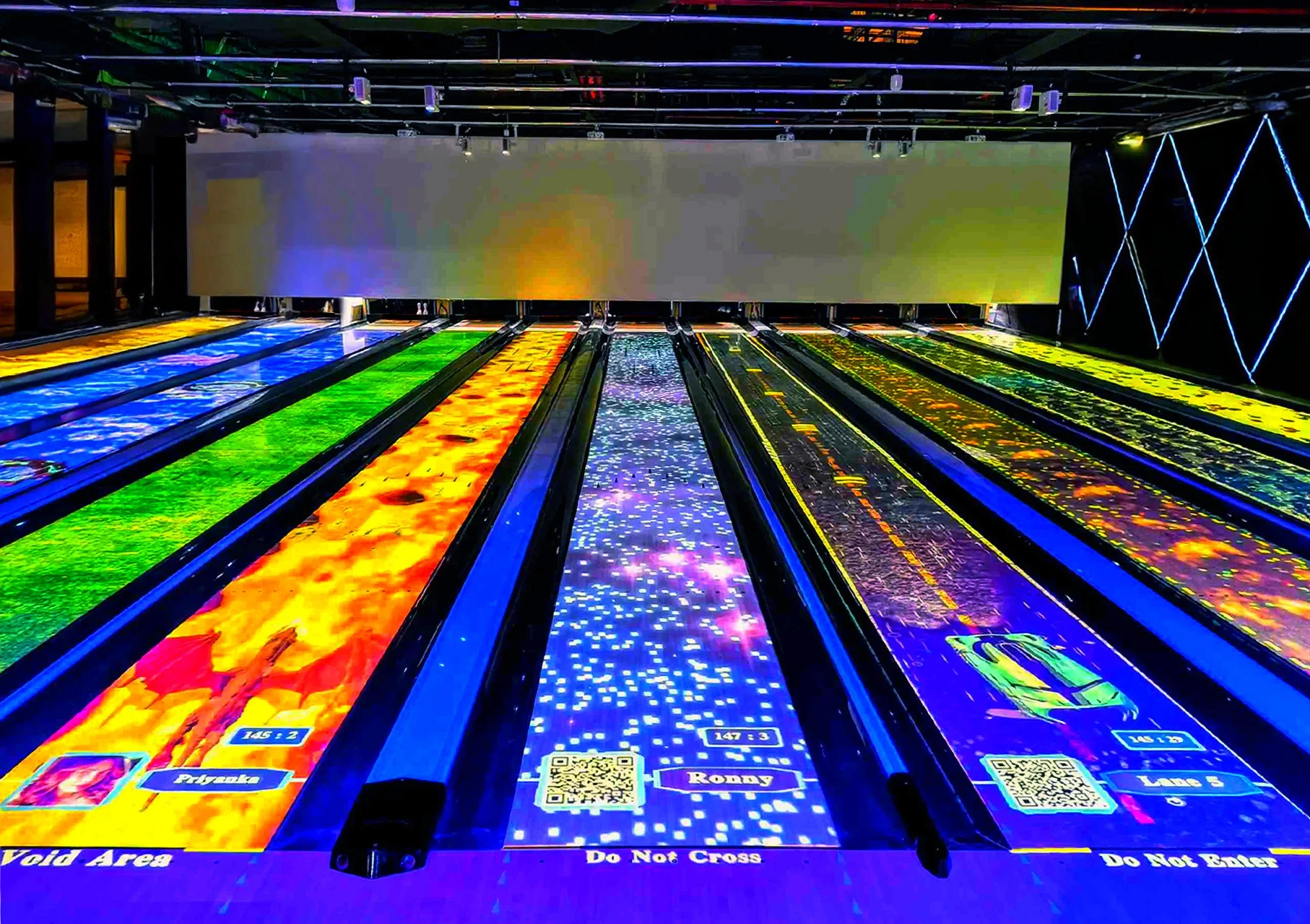 10-lane bowling alley featuring Vortex augmented reality (AR) bowling setup, showcasing interactive gaming experiences