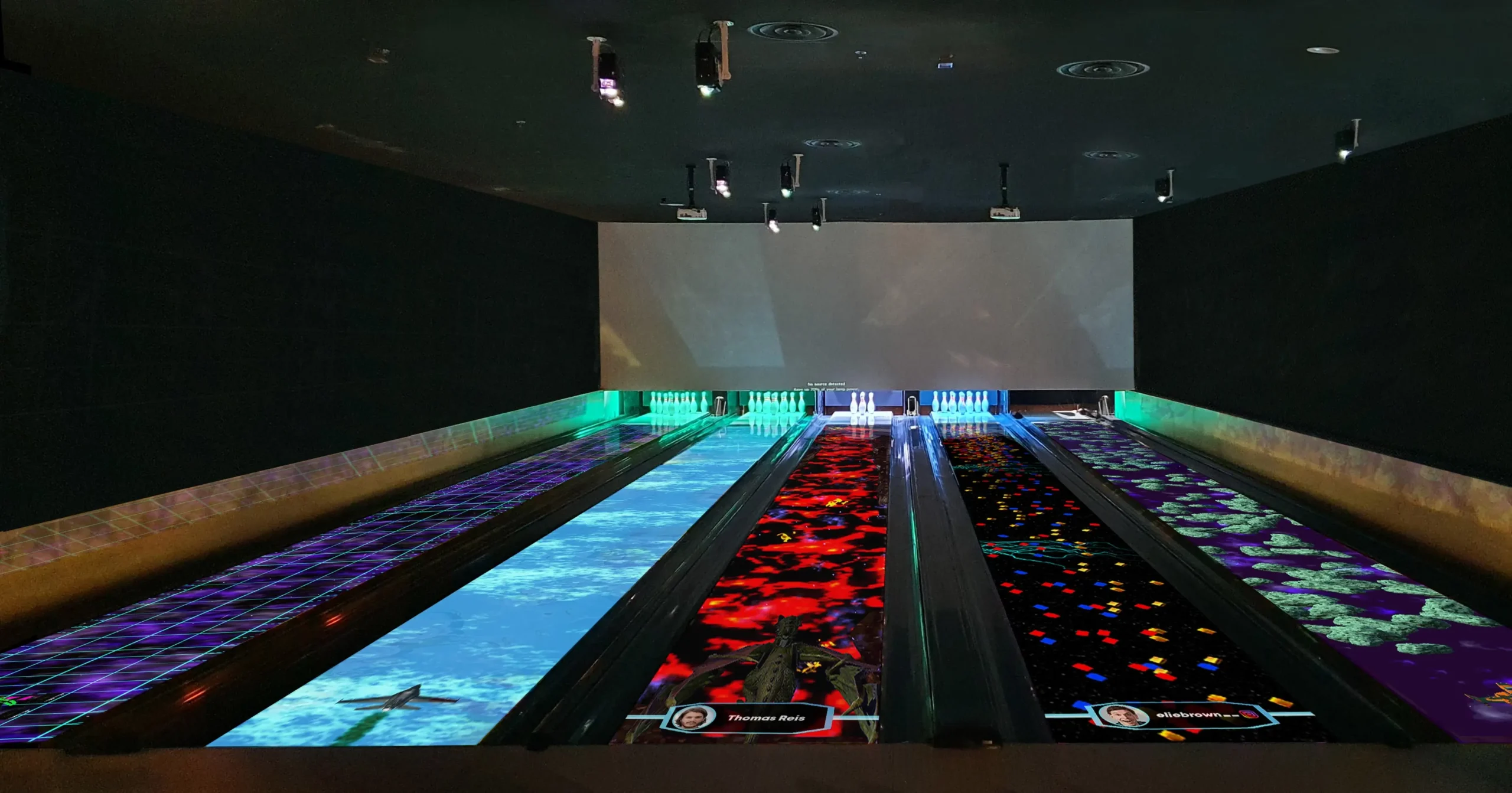 5-lane bowling alley featuring Vortex augmented reality (AR) bowling setup, showcasing interactive gaming experiences