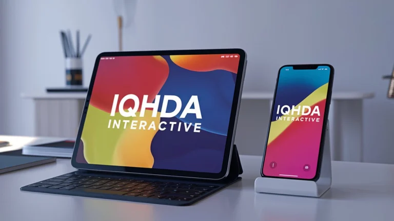 IQHDA Interactive logo displayed on both tablet and mobile devices, highlighting mobile and app development services